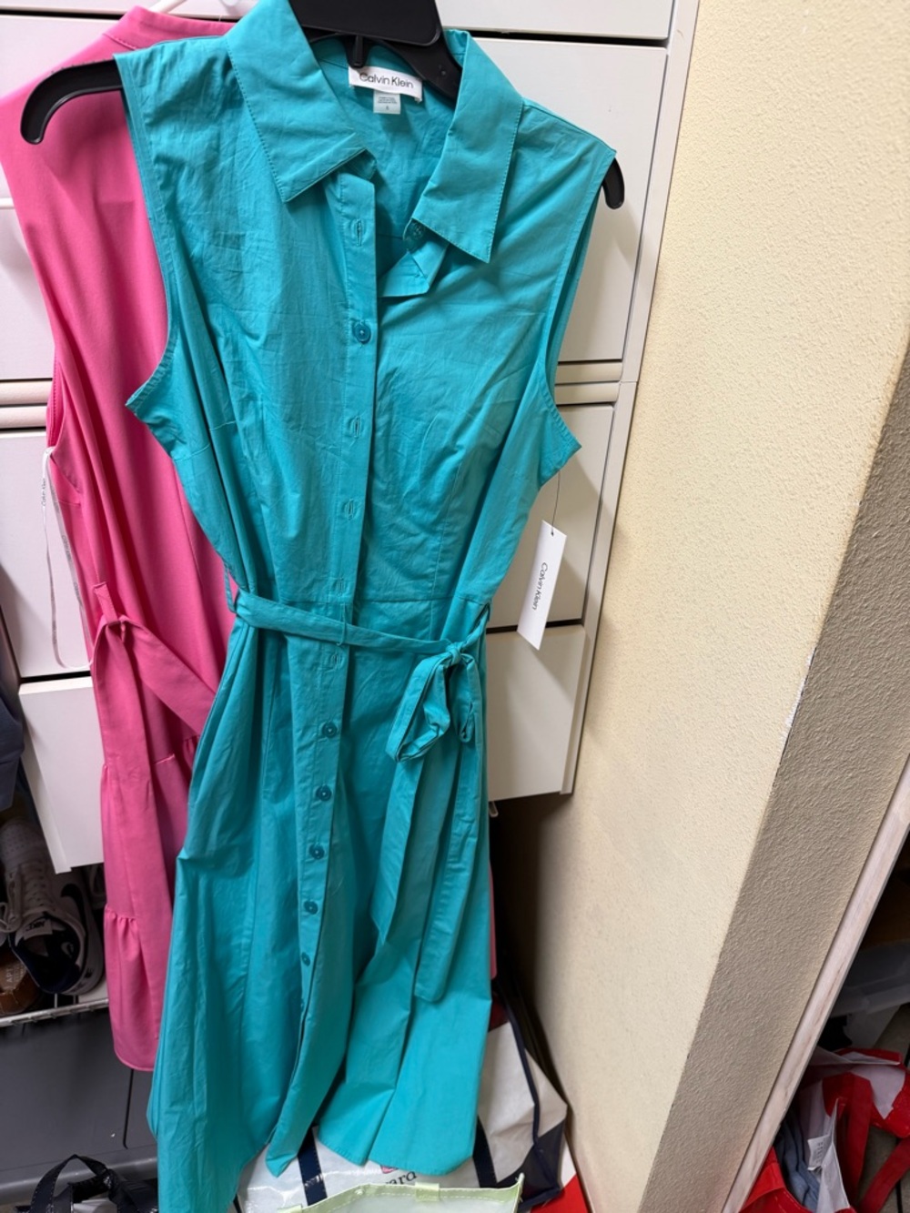 Calvin Klein Teal Sleeveless Shirt Midi Dress with Tie Belt
